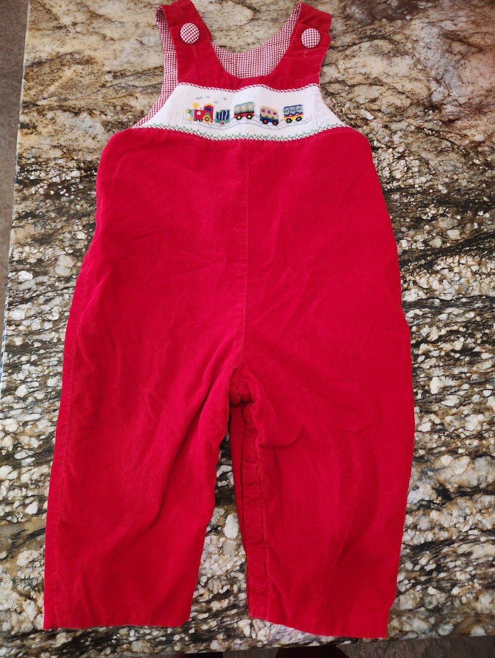 Little English Red Corduroy Train Embroidered Overalls